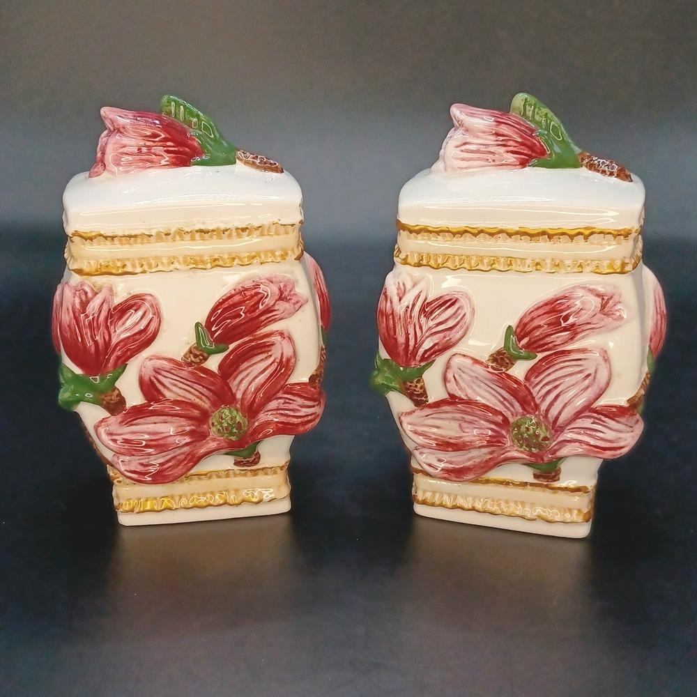 Vintgage K & K Salt and Pepper Shaker Set Pink Floral Majolica Style *READ*